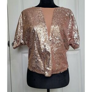 Aryn K Women's Pinkish/Orange Sequin Short Sleeve Top Party Cocktail Size M NWT